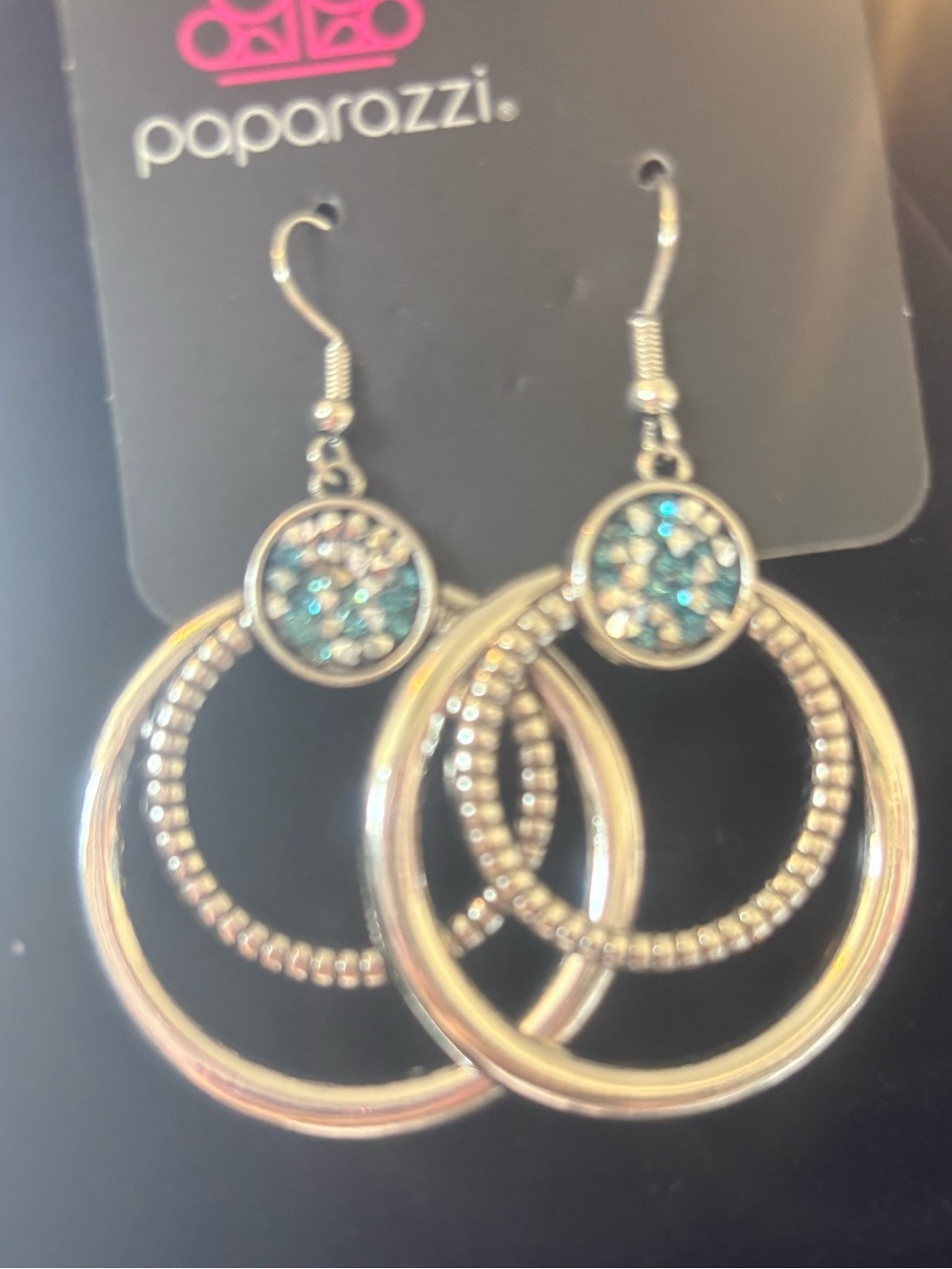 Paparazzi Silver Hoop Earrings with Teal Crystal Accents